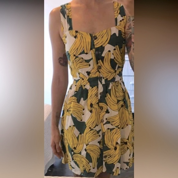 DANGERFIELD Bananas Print Yellow Cotton Fit & Flare Skater Pinafore Mini Dress - Picture 4 of 9